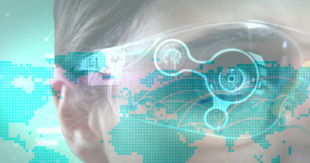 Woman Using Augmented Reality Glasses with World Map Interface