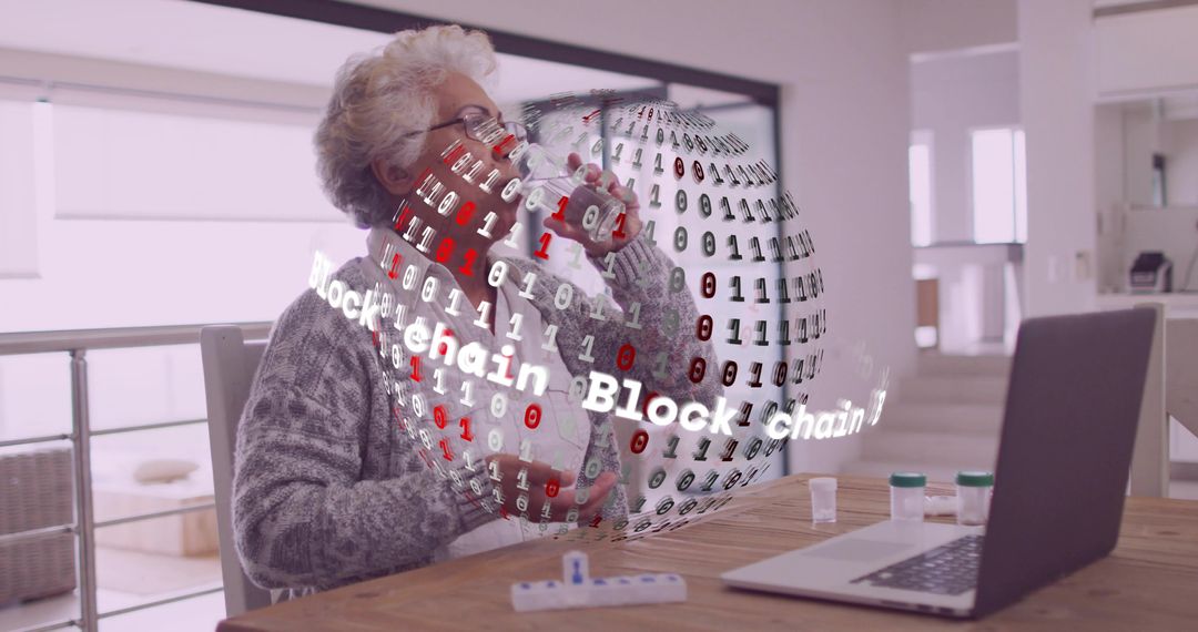 Elderly Woman Embracing Modern Technology with Blockchain Sphere