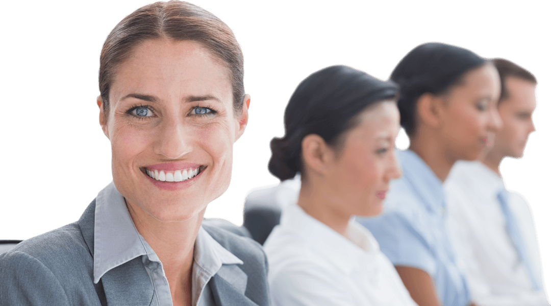 Transparent Smiling Businesswoman with Focused Colleagues
