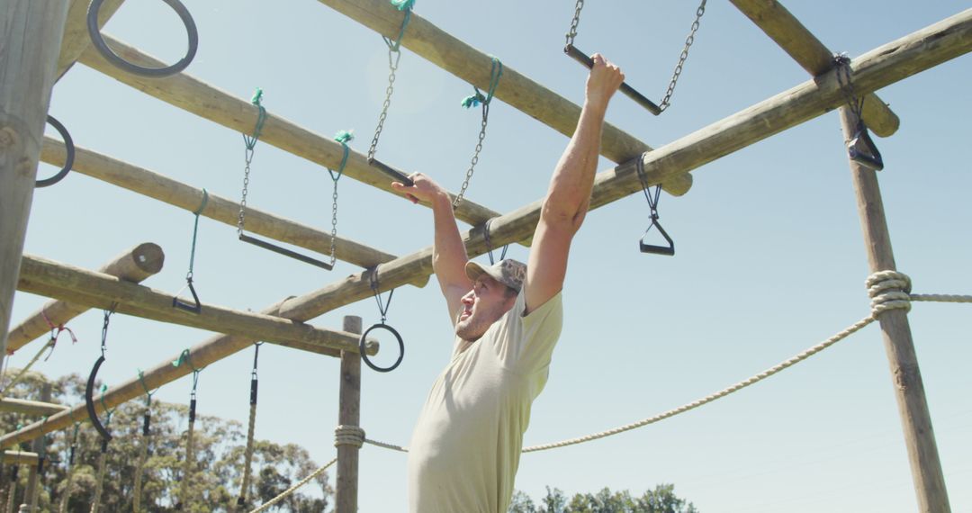 Soldier Engaging on Army Obstacle Course Trapeze Bars