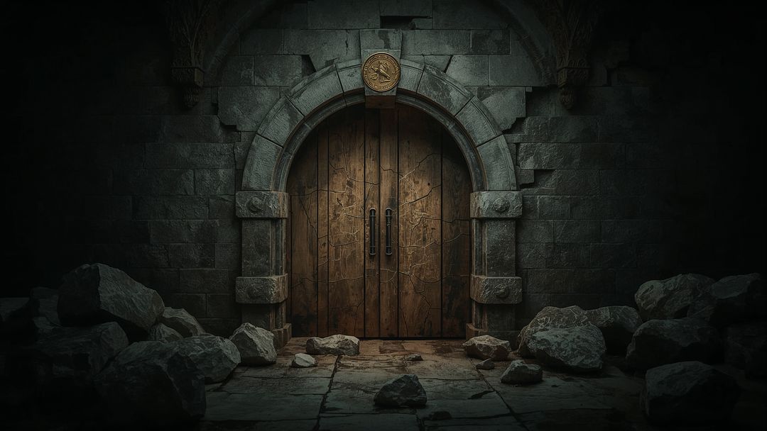 Ancient Stone Fortress Doors with Metal Handles and Rubble