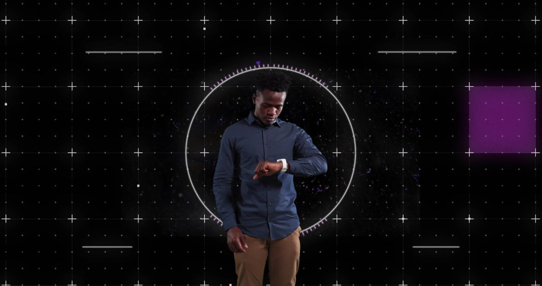 Businessman Monitoring Time Surrounded by Digital Interface