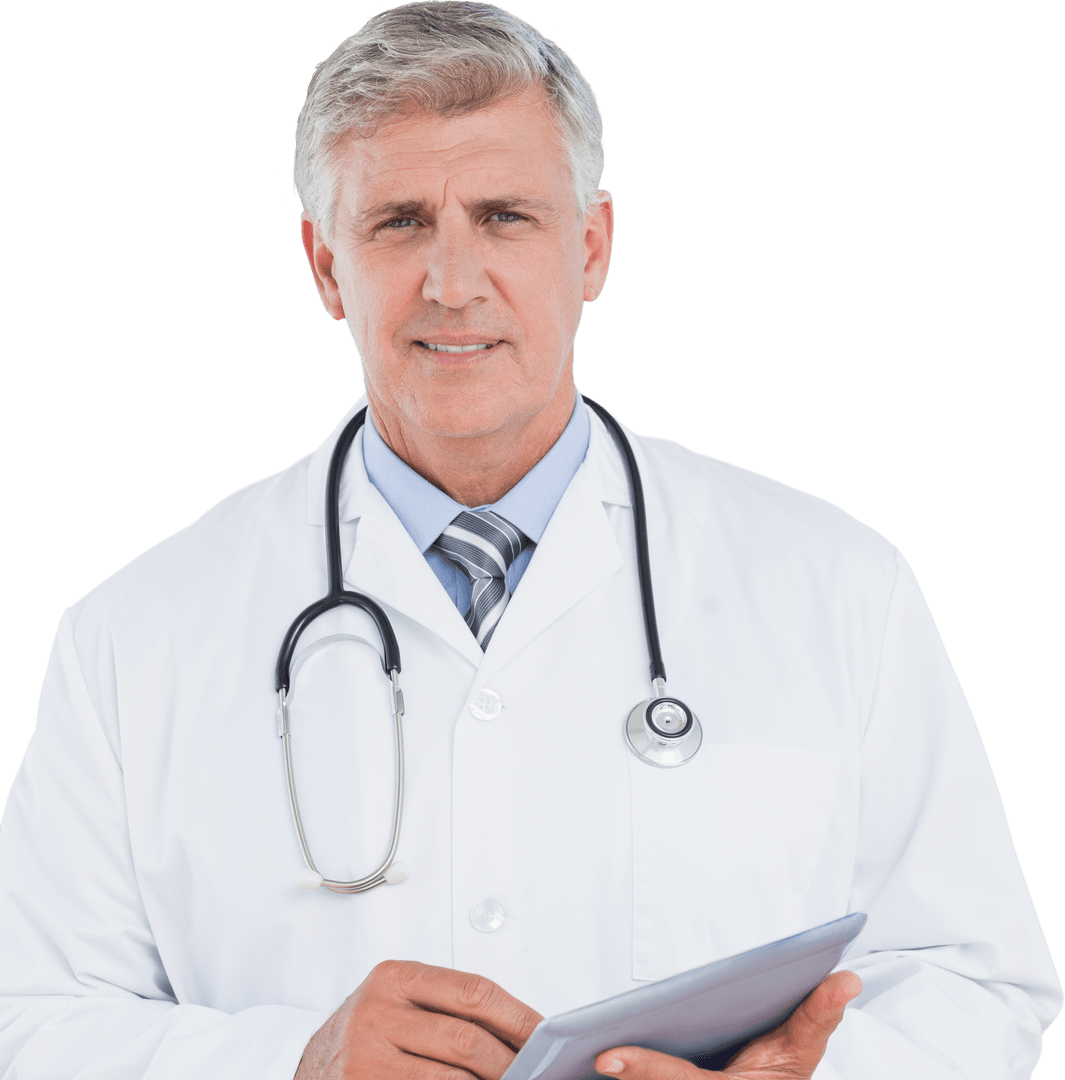 Professional Doctor Holding Tablet and Smiling Transparent Background
