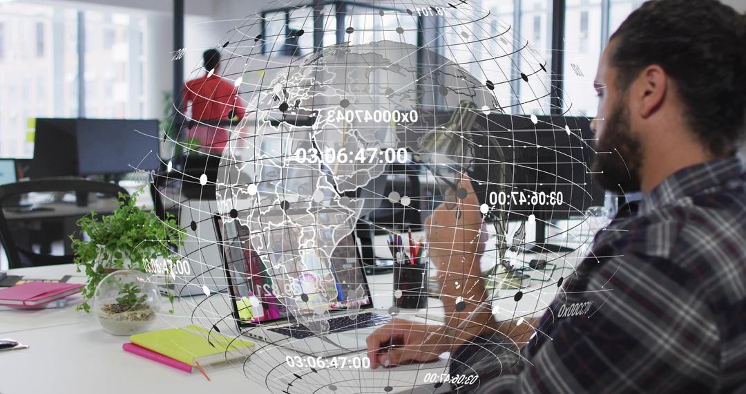 Software Engineer Analyzing Data with Holographic Globe in Modern Office