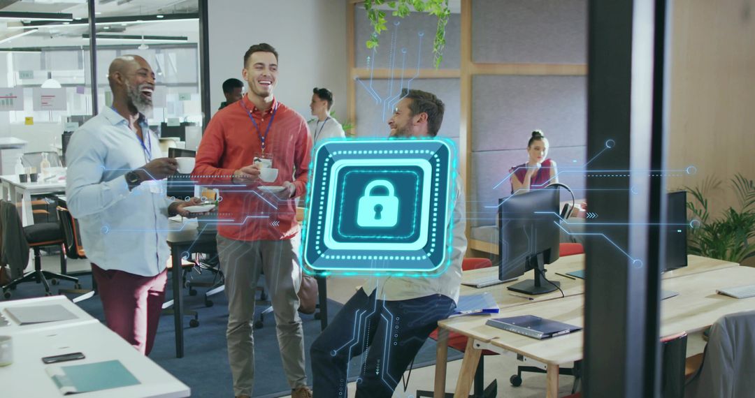Office Team Chatting with Holographic Cybersecurity Symbol