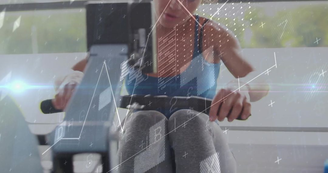 Woman Using Rowing Machine with Digital Analytics Overlay