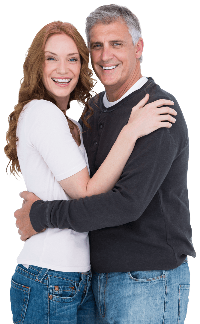 Smiling Mature Caucasian Couple Embracing in Casual Attire on Transparent Background