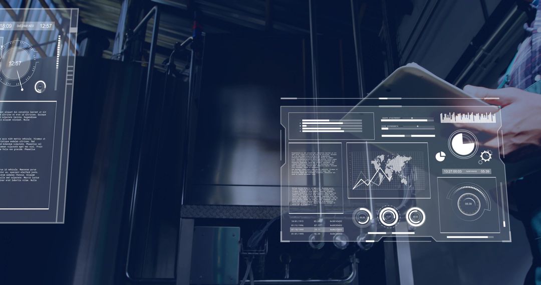 Holographic industrial dashboards overlaying data while technician holding tablet