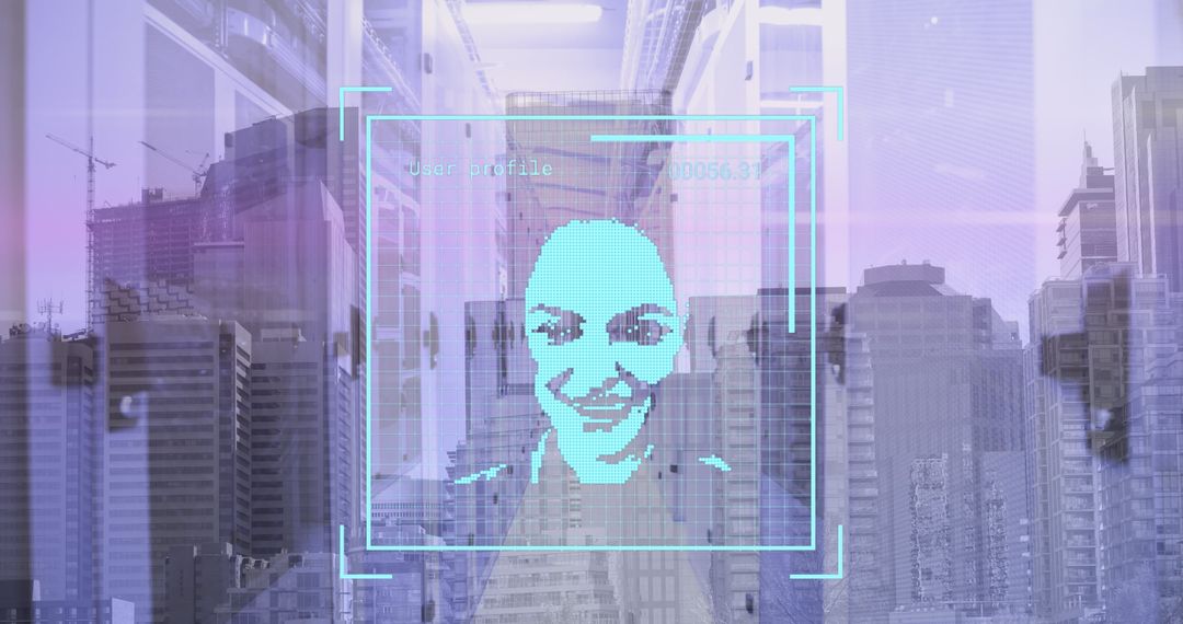Digital Profile Overlay Against Futuristic City Skyline