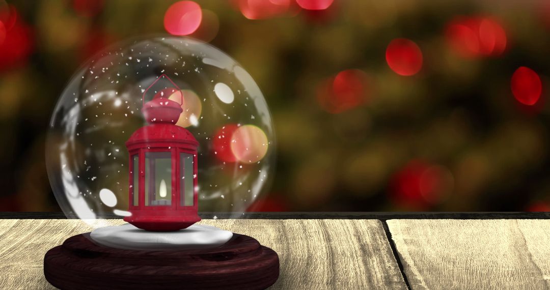 Red Christmas Lantern in Snow Globe with Festive Bokeh Lights