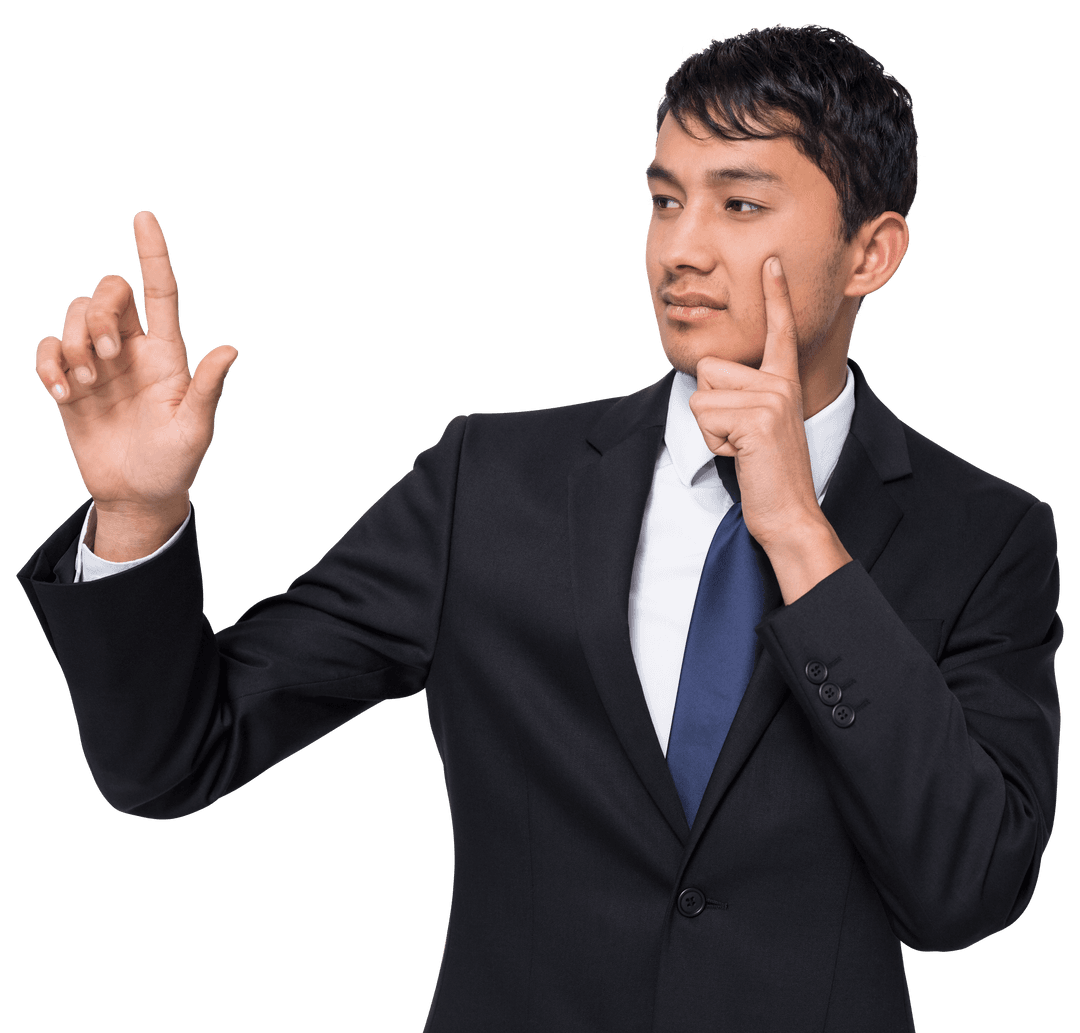 Asian Businessman Pointing with Intent on Transparent Background