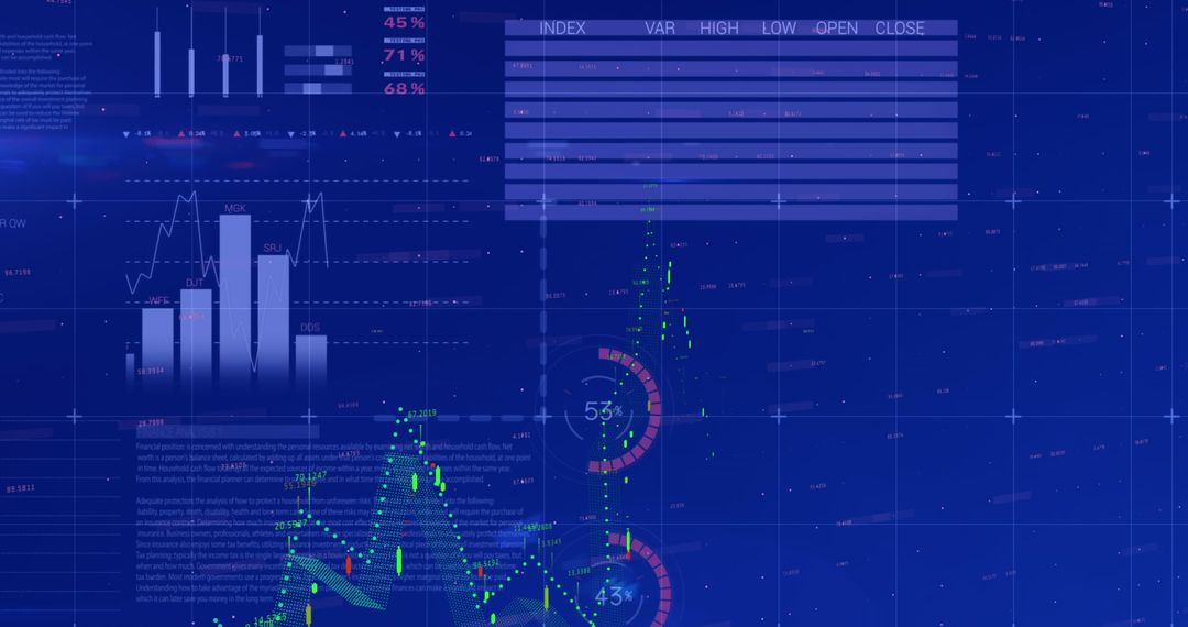 Digital Financial Data Interface with Charts and Graphs on Blue Background
