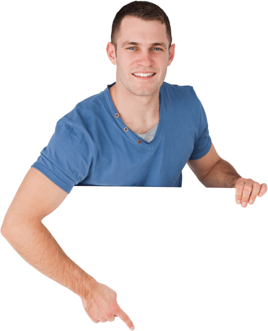 Happy Young Man Pointing Down at Blank Transparent Space