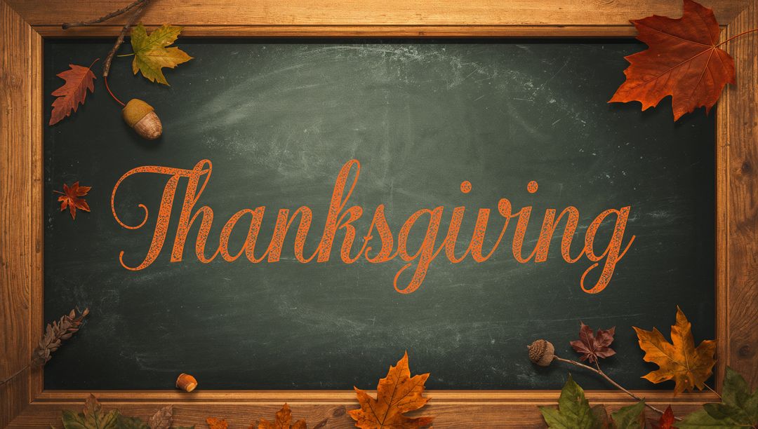 Rustic Chalkboard Thanksgiving Script Surrounded by Autumn Leaves Acorns Pinecones