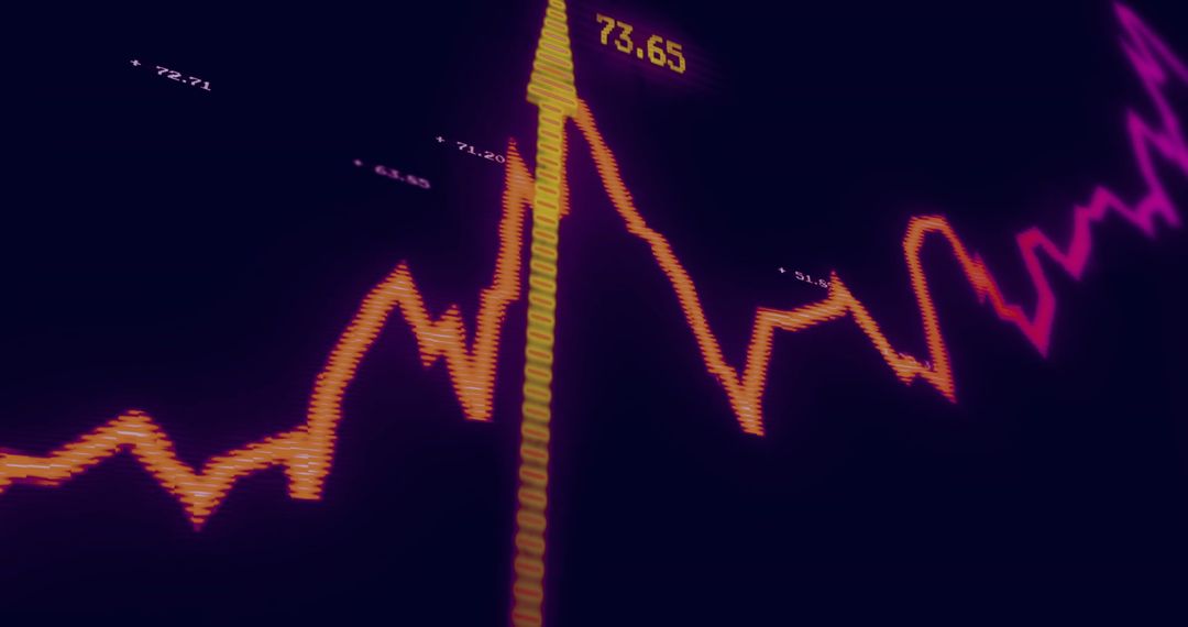 Neon Cyberpunk Stock Market Chart Pointing Vertical Arrow Highlighting 73.65 Spike Trend