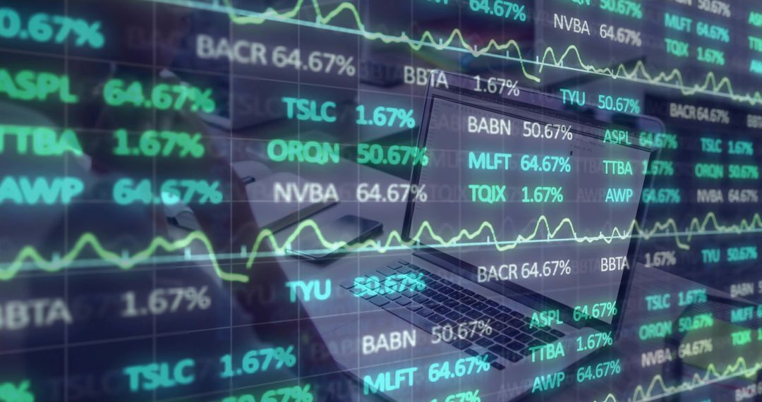 Close-Up of Laptop Reflecting Stock Data with Technology on Desk
