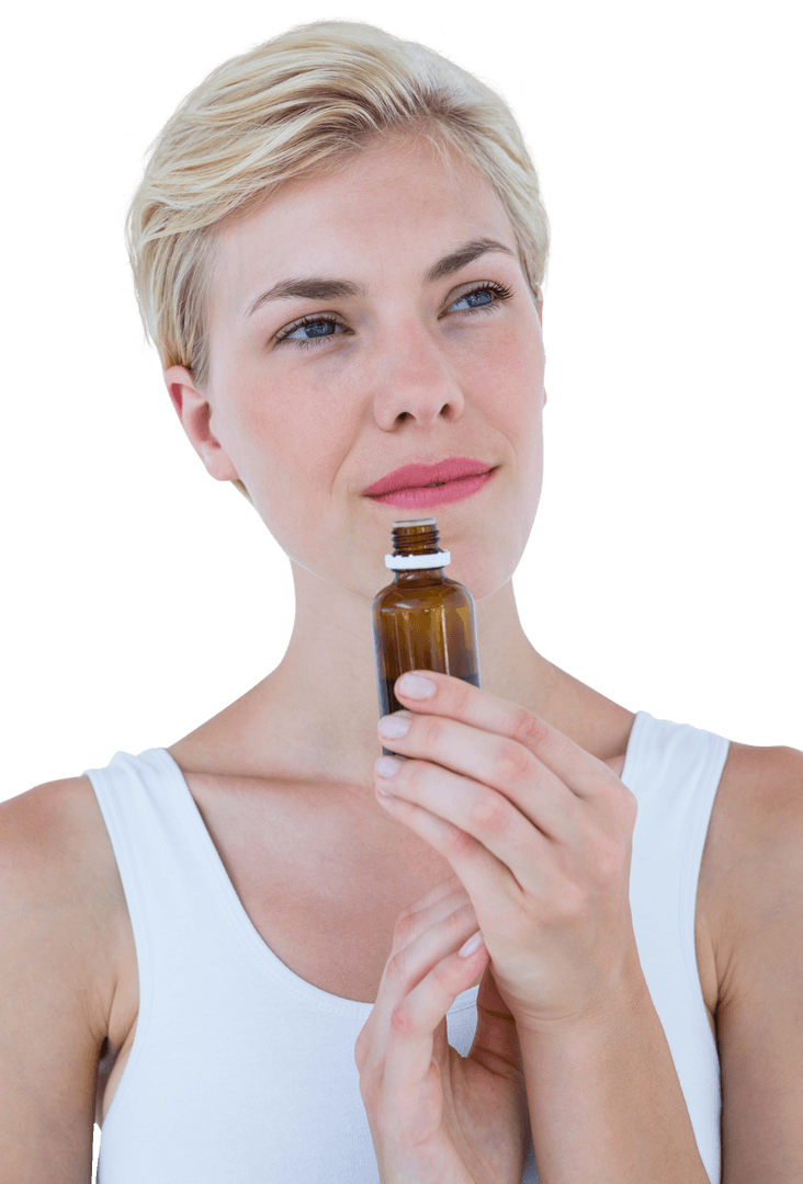 Woman Closing Her Eyes While Smelling Fragrance in Transparent Background