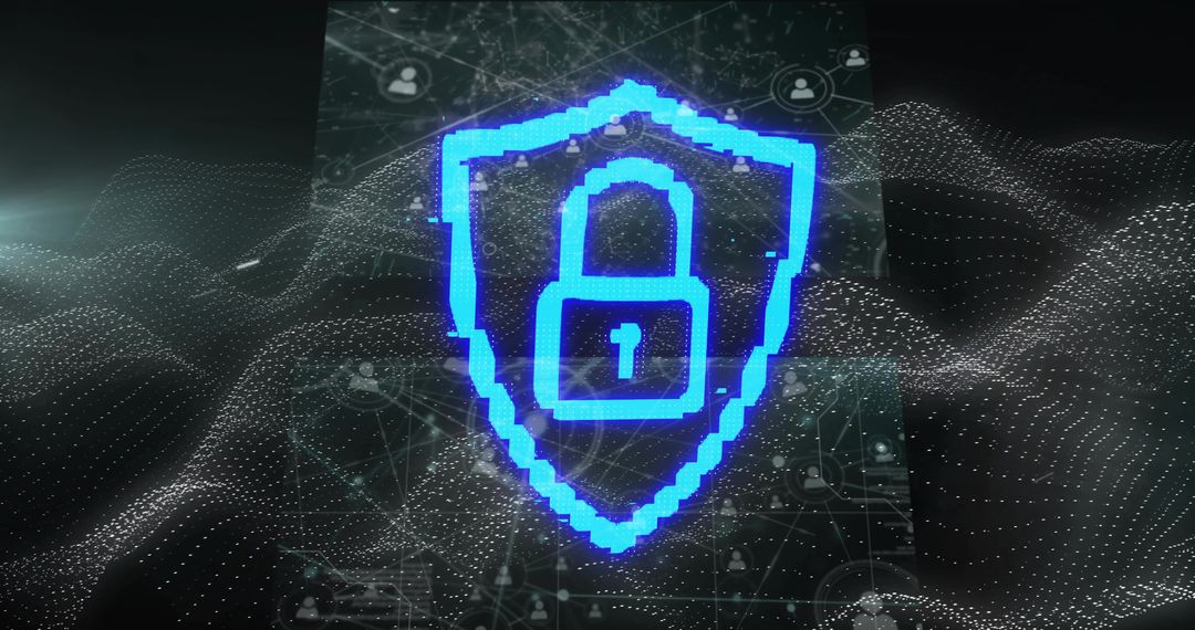 Neon Pixel Shield Protecting Virtual Network Padlock Icon for Cybersecurity Encryption