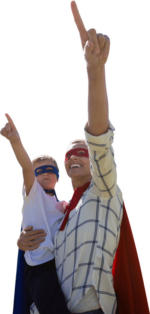 Mother and Son Pretending to Be Superheroes in Masks