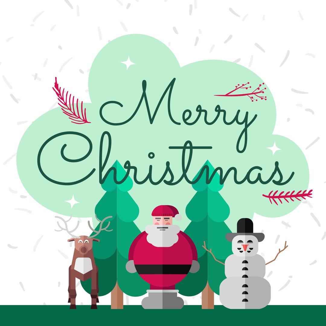 Merry Christmas Santa Claus Card Design with Snowman and Reindeer