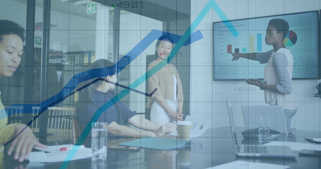 Corporate Team Analyzing Sales with Interactive Charts Overlay