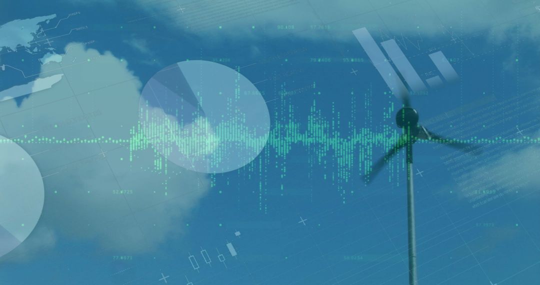Wind Turbine with Digital Data Overlay Against Blue Sky