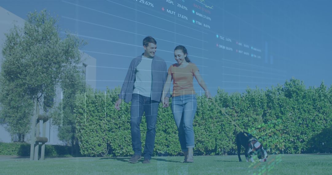 Couple Walking Dog Amidst Abstract Financial Data Overlay