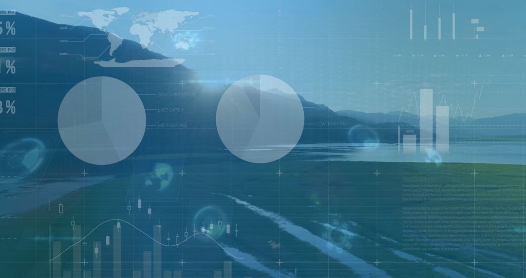 Data visualization overlay on serene lakeside landscape