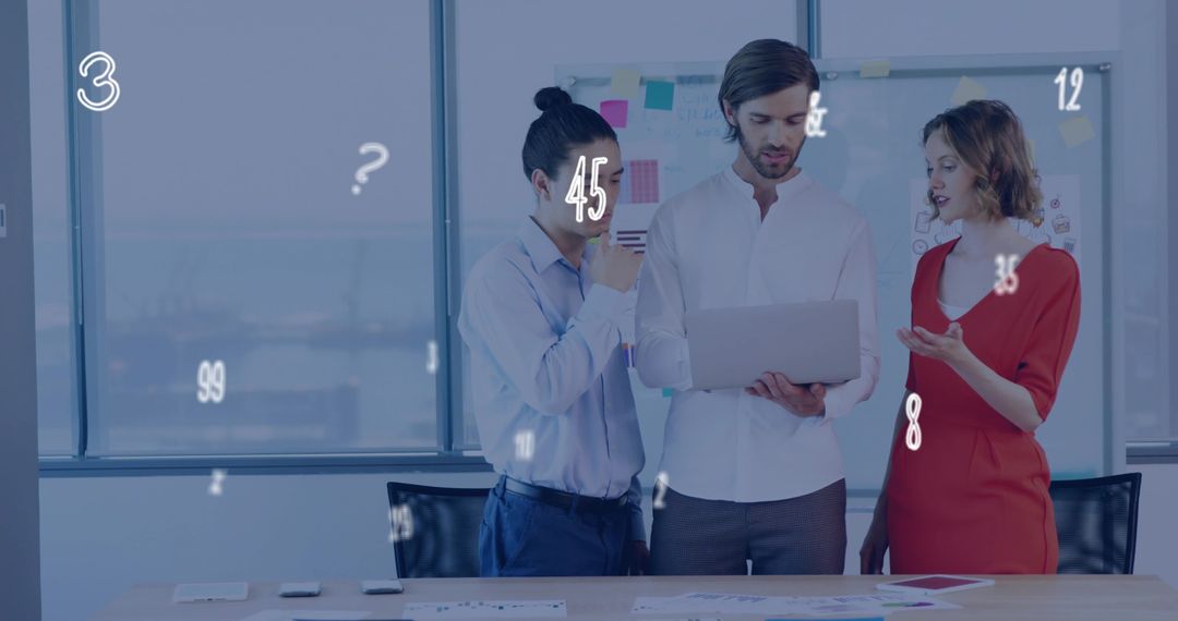 Business team reviewing analytics on laptop in modern office with floating data overlays