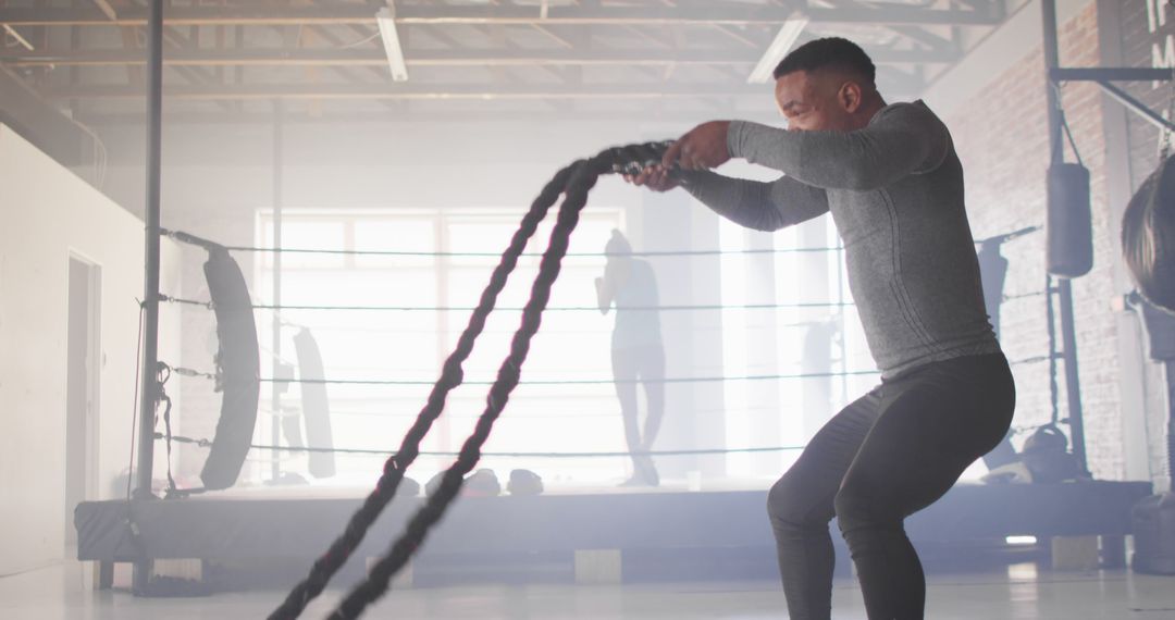 Image of fit african american man training with rope at gym - Free Images, Stock Photos and Pictures on Pikwizard.com