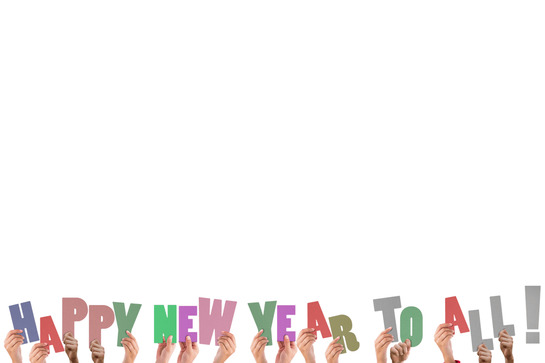 Happy New Year Colorful Letters Held by Diverse Hands Transparent