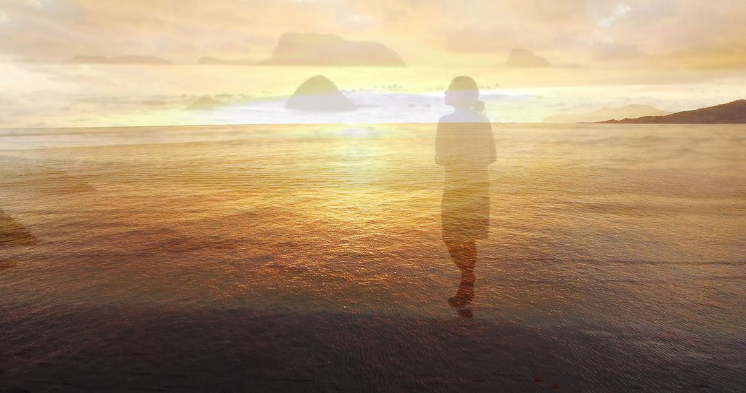 Dreamlike Scene of Woman Walking on Tranquil Beach with Ocean Reflection