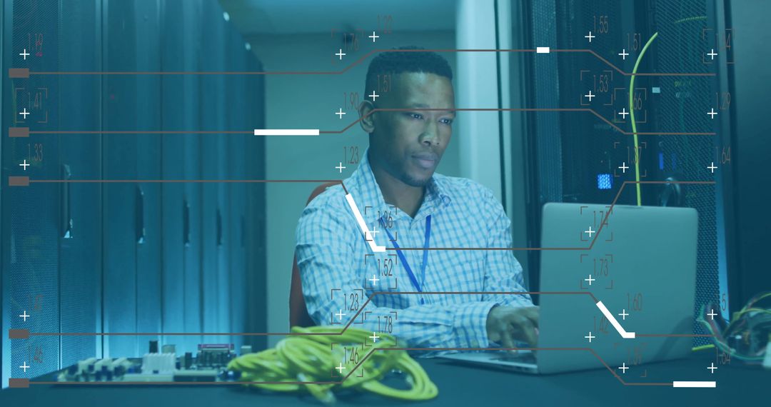 Focused IT Technician Managing Data and Networks in High-Tech Server Room