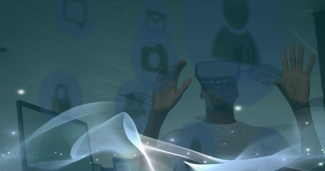 Man in VR Headset Interacting with Digital Display