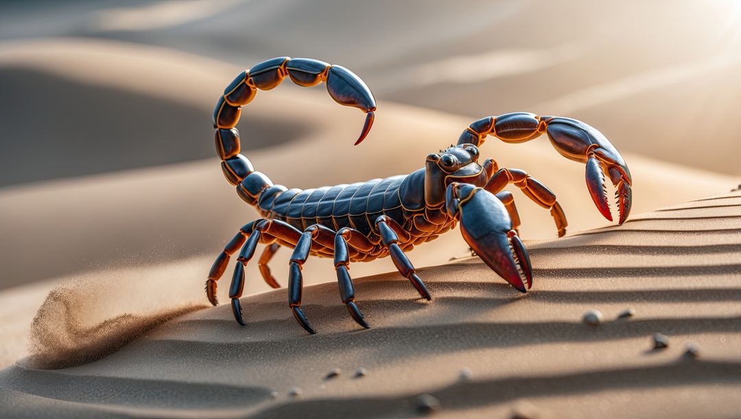 Glossy Scorpion Navigating Rippled Desert Sand Dunes