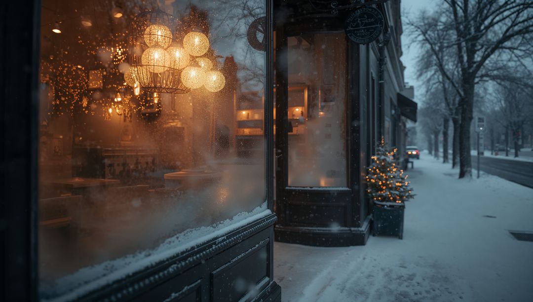 Fogged Shopfront with Warm Pendant Lights and Lit Evergreen on Snowy Urban Evening