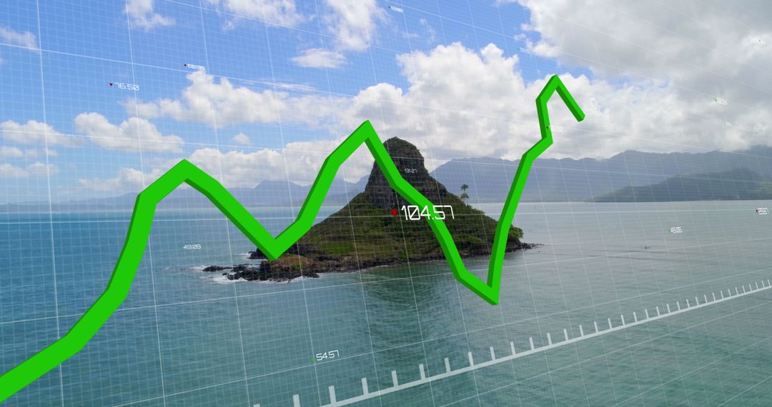 Surging Graph Lines Over Ocean Landscape Indicating Financial Growth