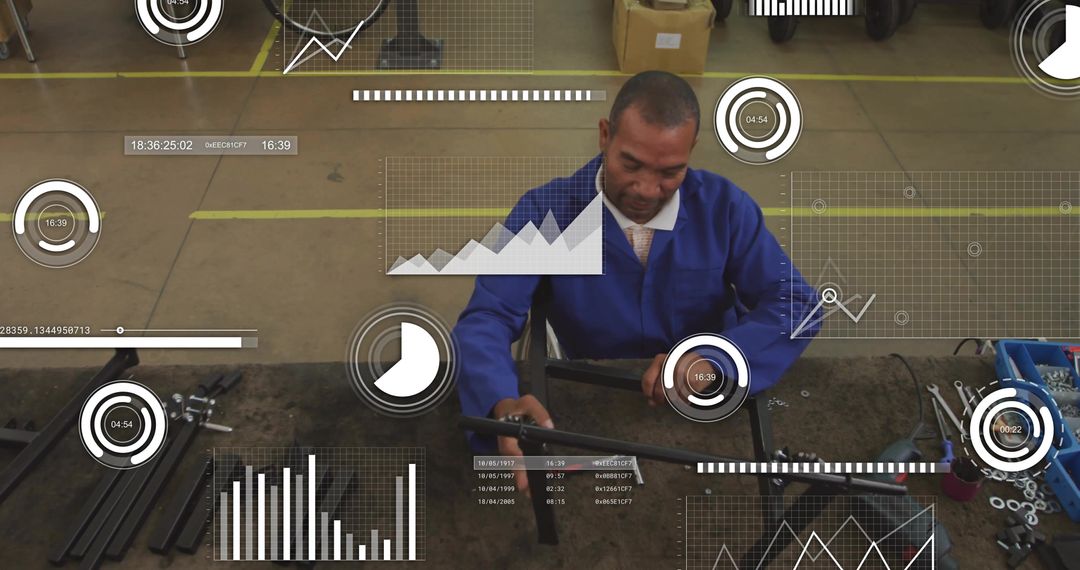 Industrial technician repairing metal frame with AR analytics overlays, factory workflow
