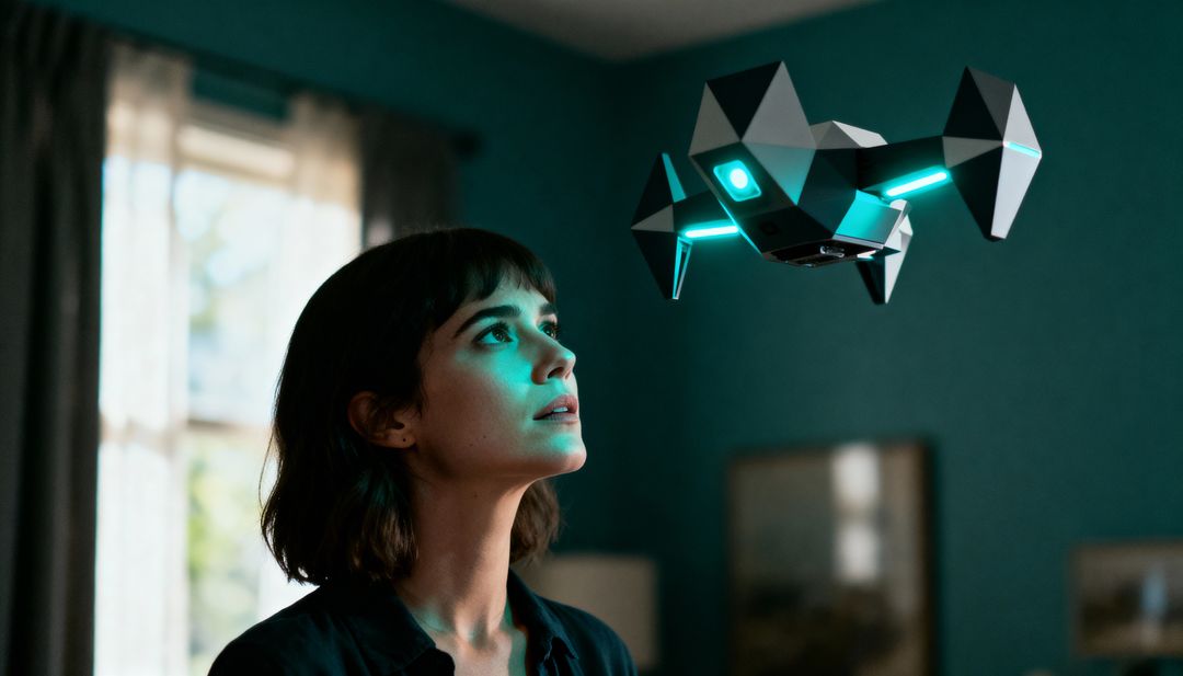 Gazing Woman Observing Hovering Futuristic Drone with Teal LED Lighting in Moody Interior