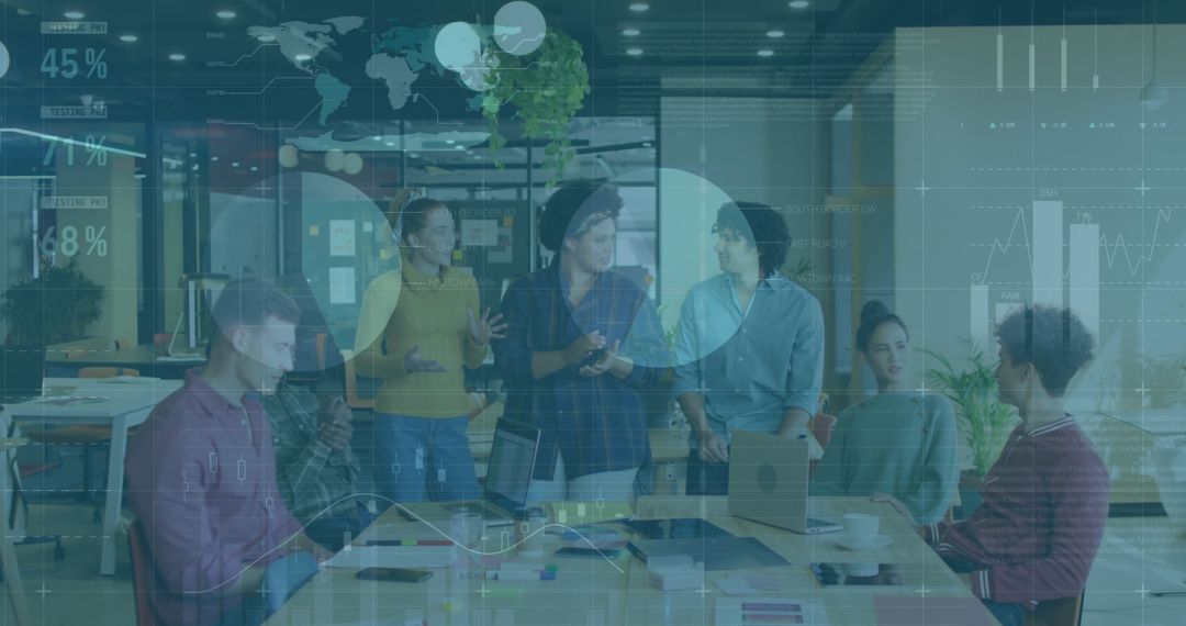 Multinational Team Collaborating Amid Digital Analytics Overlay