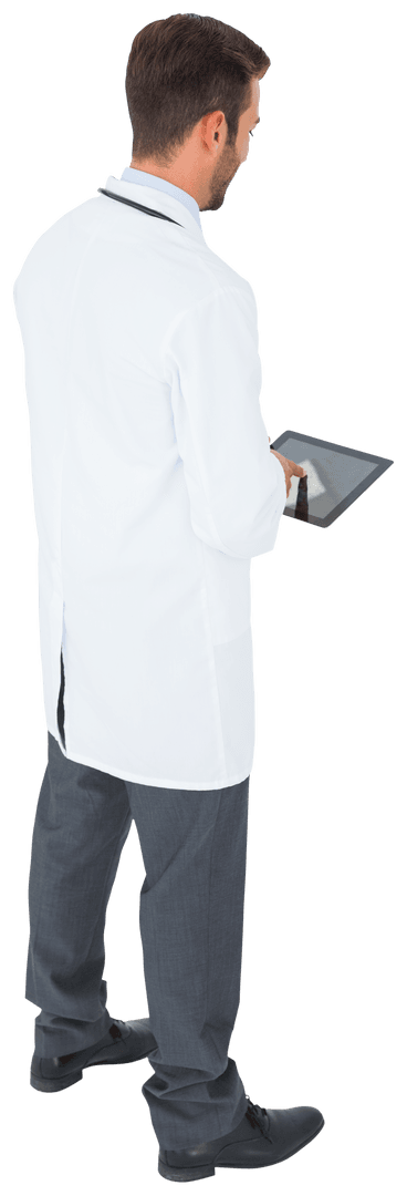 Transparent Image of Doctor Consulting Tablet from Behind View