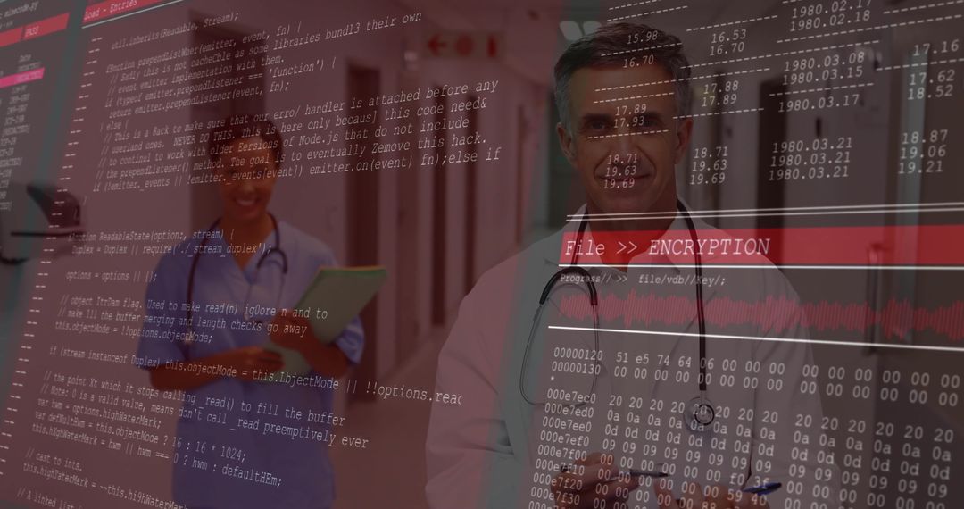 Doctors in Hospital Corridor with Digital Code Overlay