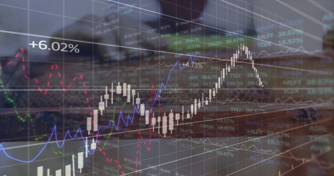 Financial Data Overlay on Office Desk with Visible Growth Chart