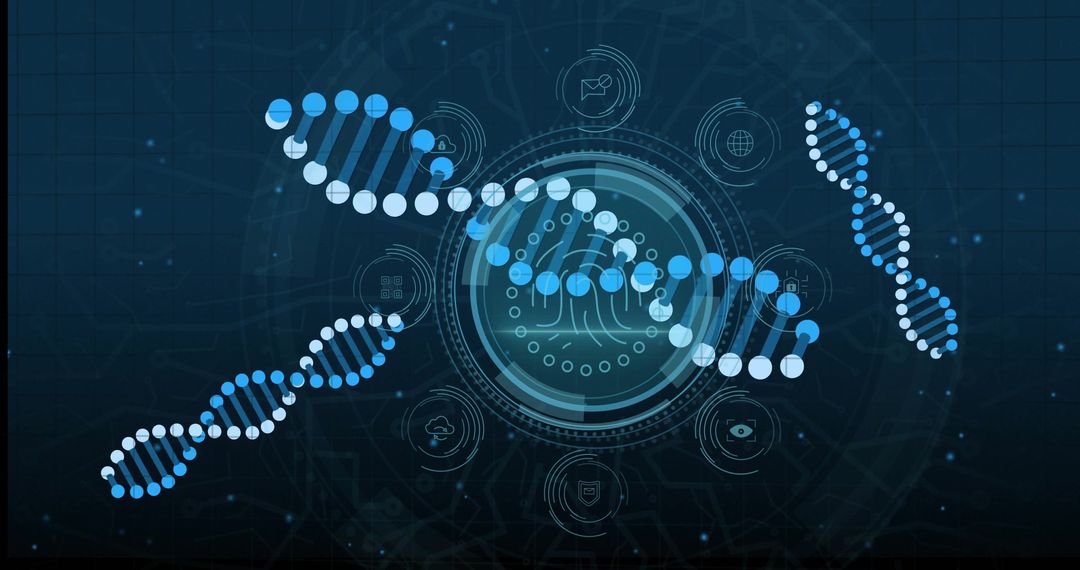 Futuristic DNA Helix Interface with Technology Icons HUD