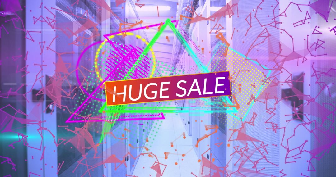 Huge Sale Advertisement with Abstract Neon Graphics in Server Room