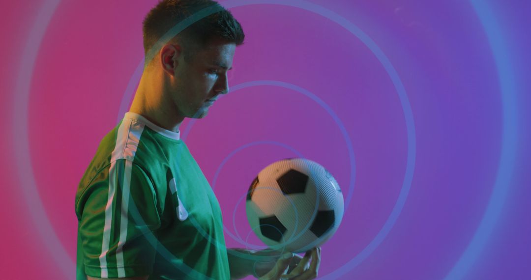 Image of circles over caucasian footballer and football - Free Images, Stock Photos and Pictures on Pikwizard.com