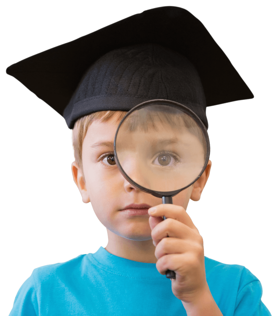 Boy with Graduation Cap and Magnifying Glass on Transparent Background