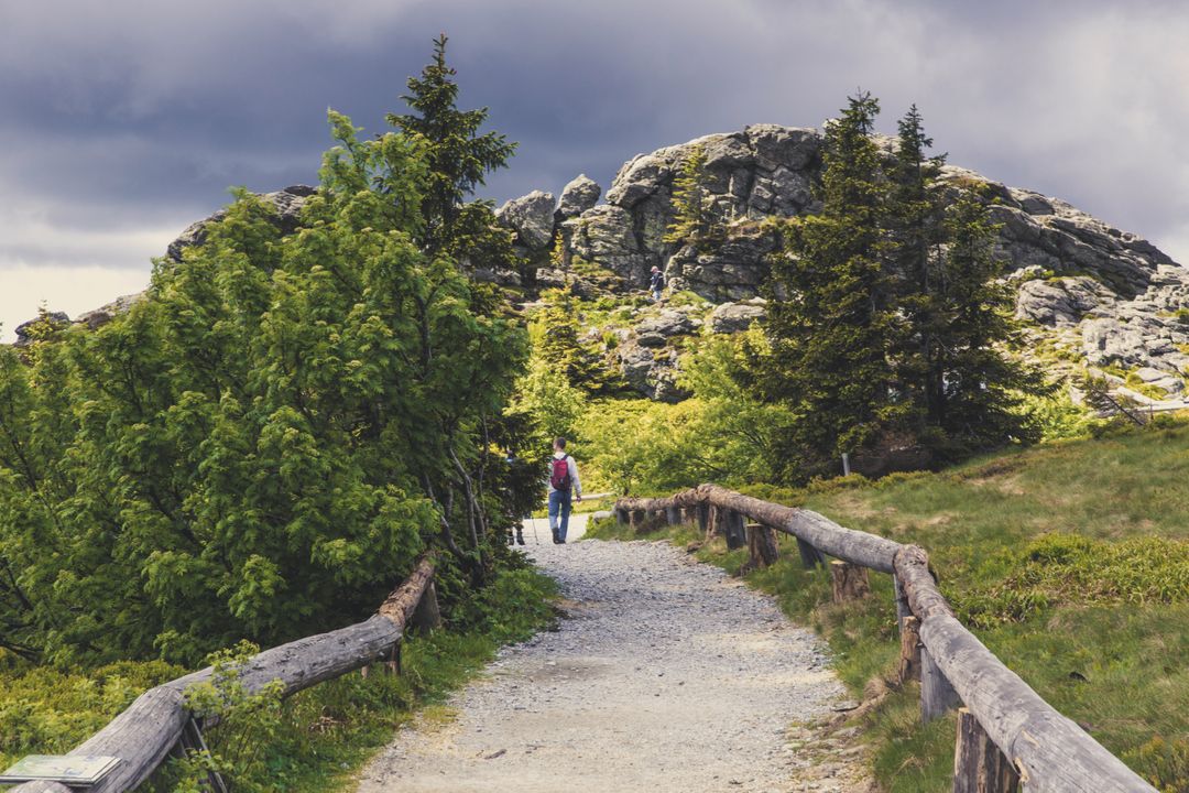 Hiker on scenic path through mountainous landscape - Free Images, Stock Photos and Pictures on Pikwizard.com