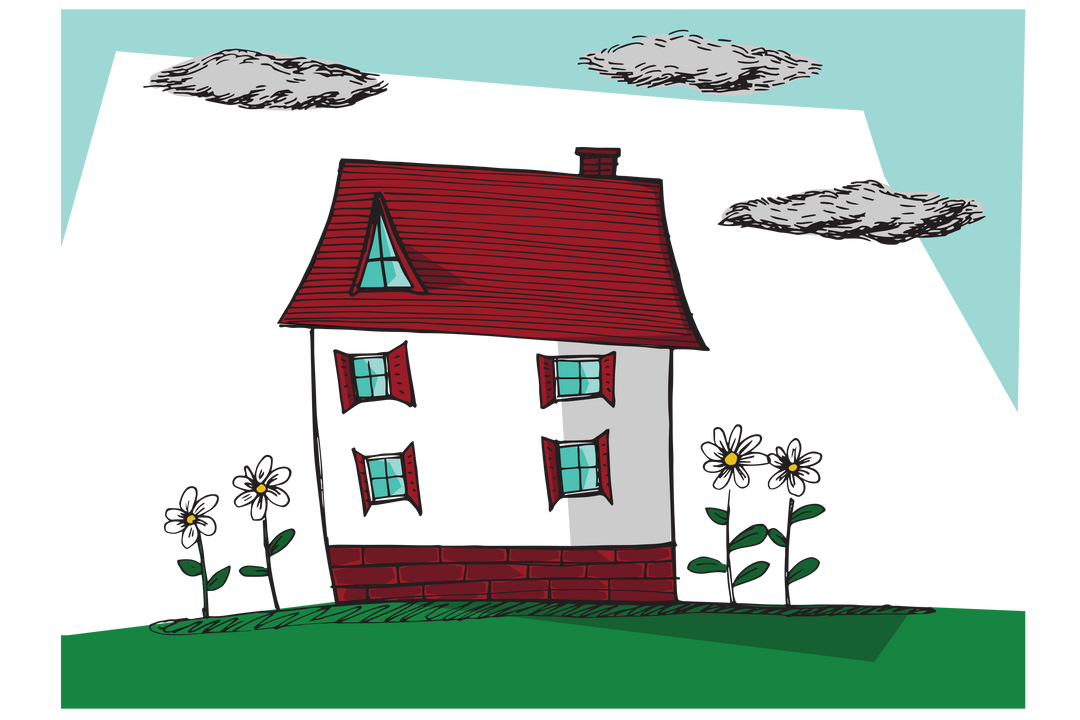 Charming Big House Illustration with Flowers and Clouds on Transparent Background - Download Free Stock Images Pikwizard.com