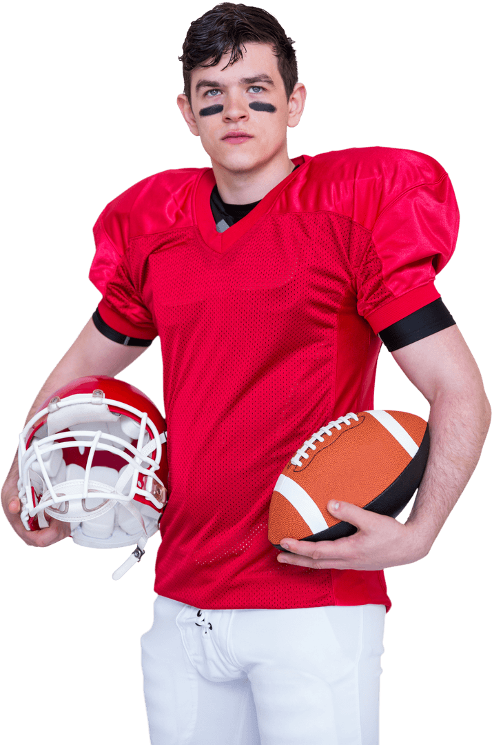 Transparent Portrait of American Football Player Holding Helmet and Ball
